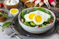 Fresh spring food, healthy vegan lunch bowl. Spinach, cucumber, radish salad and boiled eggs with sour cream. Royalty Free Stock Photo