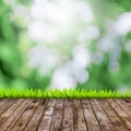 Fresh spring green grass with green bokeh and sunlight and wood Royalty Free Stock Photo