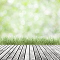 Fresh spring green grass with green bokeh and sunlight and wood Royalty Free Stock Photo