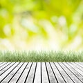 Fresh spring green grass with green bokeh and sunlight and wood Royalty Free Stock Photo