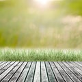 Fresh spring green grass with green bokeh and sunlight and wood Royalty Free Stock Photo