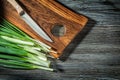 Fresh spring green onions stems kitchen knife wooden chopping board on vintage wood background Royalty Free Stock Photo