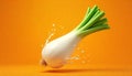 Fresh spring onion splash against vibrant orange background Royalty Free Stock Photo