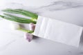 Fresh spring onions and garlic in the white paper bag on the marble surface Royalty Free Stock Photo