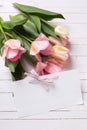 Fresh spring pink tulips and empty tag Royalty Free Stock Photo