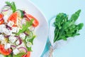 Fresh spring salad with cucumber, tomato, cheese and arugula isolated on a white plate Royalty Free Stock Photo