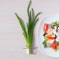 Fresh spring salad with cucumber, tomato, cheese and arugula isolated on a white plate