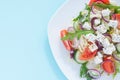Fresh spring salad with cucumber, tomato, cheese and arugula isolated on a white plate Royalty Free Stock Photo