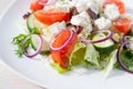 Fresh spring salad with cucumber, tomato, cheese and arugula isolated on a white plate Royalty Free Stock Photo