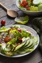 Fresh spring salad with lettuce, cucumber, cherry tomatoes, radishes, spring onion and avocado topped with balsamic glaze and