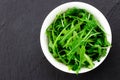 Fresh spring salad with rucola, in bowl on dark stone background Royalty Free Stock Photo