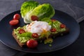 Fresh spring sandwich on a sliced gluten free sunflower bread. Red and green vegetables on black slate. Poached egg, avocado,