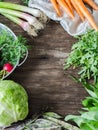 Fresh Spring vegetables and herbs frame on rustic wood background. Spring harvest of fresh vegetables. Copy space Royalty Free Stock Photo