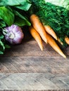 Fresh Spring vegetables and herbs frame on wood rustic background. Spring harvest of fresh vegetables. Copy space Royalty Free Stock Photo