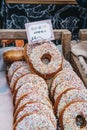 Fresh sprinkle doughnuts on sale at a market in London, UK