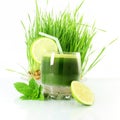 Fresh sprouted wheat grass juice with wheat grass in white background Royalty Free Stock Photo