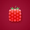 Fresh square raspberry fruit icon. Isolated vector template. Summer ripe red berry with leaves. 3D cartoon illustration