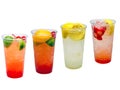 Fresh squeezed fruit drinks, lemonade, cherry limeade, strawberry lemonade and an Orange cherry lemon-limeade.