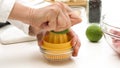 Chef squeezing lemon with a mechanical citrus juicer Royalty Free Stock Photo