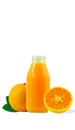 100% fresh-squeezed orange juice in a glass bottle And citrus fruit split on white background. Concept of how to live with a Royalty Free Stock Photo