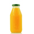 100% fresh-squeezed orange juice in a glass bottle with a green lid With orange texture isolated on white background Concept of Royalty Free Stock Photo