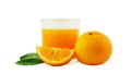 100% fresh-squeezed orange juice in a glass And citrus fruit split on white background. Concept of how to live with a naturally