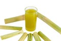 Fresh squeezed sugar cane juice in pitcher with cut pieces cane Royalty Free Stock Photo