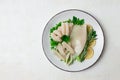 Fresh squid , raw, carcass, cut into rings, top view, no people, Royalty Free Stock Photo