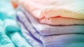 Fresh stack of light pastel colorful cotton and linen fabrics, freshness concept. Eco-laundry template. Generative AI Royalty Free Stock Photo