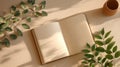 Fresh Start Idea With a Clean Open Notebook on a Light Table Surrounded by Shadows of Spring Leaves and a Small Pot Royalty Free Stock Photo