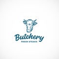 Fresh Steak Butchery Abstract Vector Sign, Symbol or Logo Template. Hand Drawn Engraving Style Cow Face or Head with Royalty Free Stock Photo