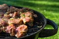 Fresh steaks grilled outdoors on the barbecue round grill Royalty Free Stock Photo