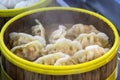 Fresh steam dumplings on bamboo basket