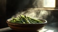 Fresh steamed asparagus in rustic bowl with sunlight Royalty Free Stock Photo