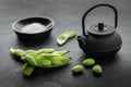 Fresh steamed edamame sprinkled with sea salt on a stone tabletop Royalty Free Stock Photo