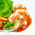 Fresh steamed prawns with vegetable salad isolate on white back Royalty Free Stock Photo