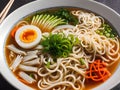 Fresh steaming beef ramen noodle soup serving with egg and pak choi, close up