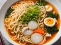 Fresh steaming beef ramen noodle soup serving with egg and pak choi, close up Royalty Free Stock Photo