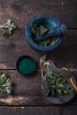 Fresh stinging nettle leaves on wooden table.Urtica dioica oil with spirulina powder, a healthy supplement to improve health