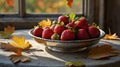 Fresh Strawberries in Silver Bowl with Autumn Leaves Near Window Sill Still Life Royalty Free Stock Photo