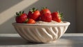 Fresh strawberries atop powdered sugar in a sculpted white bowl Generative AI Royalty Free Stock Photo