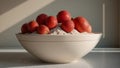 Fresh strawberries atop powdered sugar in a sculpted white bowl Generative AI