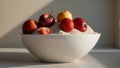 Fresh strawberries atop powdered sugar in a sculpted white bowl Generative AI Royalty Free Stock Photo