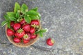 Fresh strawberries in a basket on rustic concret background top view. Healthy food on grey table mockup. Delicious, sweet, juicy Royalty Free Stock Photo