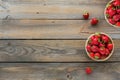 Fresh strawberries on basket top view. Healthy food on wooden table mockup. Delicious, sweet, juicy and ripe berry Royalty Free Stock Photo