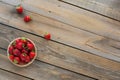 Fresh strawberries on basket top view. Healthy food on wooden table mockup. Delicious, sweet, juicy and ripe berry background with Royalty Free Stock Photo