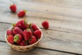 Fresh strawberries on basket top view. Healthy food on wooden table mockup. Delicious, sweet, juicy and ripe berry Royalty Free Stock Photo