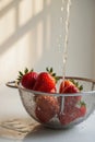 Fresh strawberries being washed in colander. Royalty Free Stock Photo