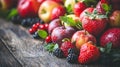 Fresh strawberries and berries on rustic wooden surface Royalty Free Stock Photo