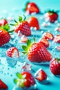 Fresh strawberries in blue water background, water drops